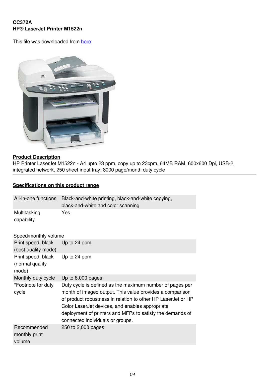 HP manual CC372A HP LaserJet Printer M1522n 