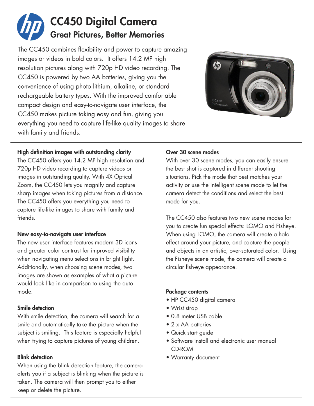 HP manual CC450 Digital Camera, Great Pictures, Better Memories 