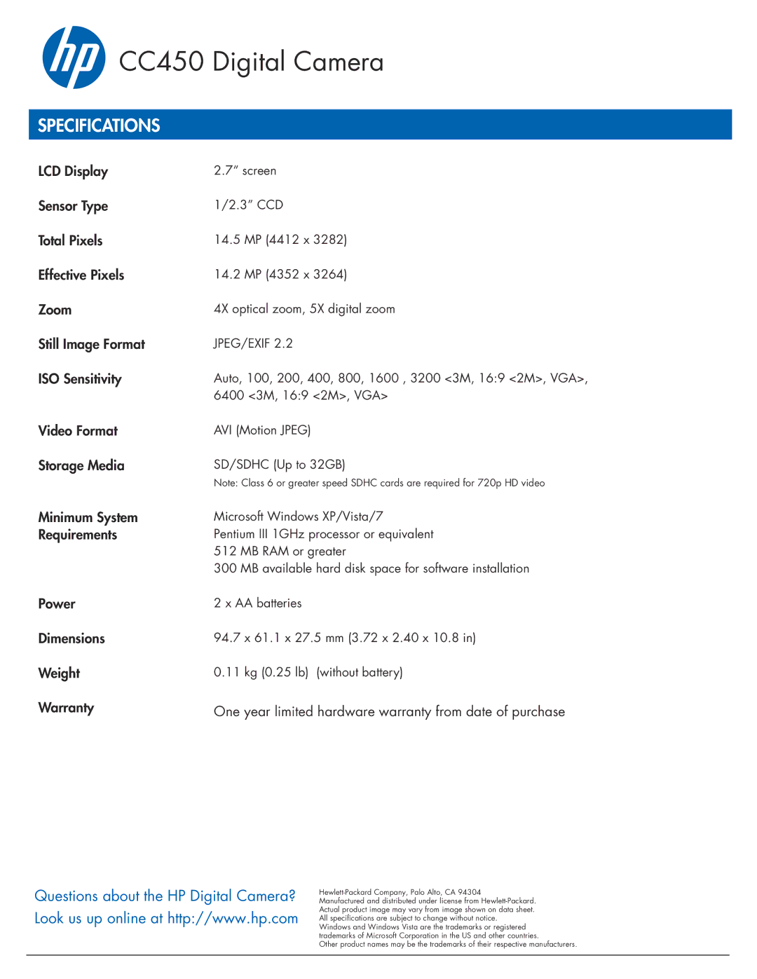 HP manual CC450 Digital Camera, Specifications 