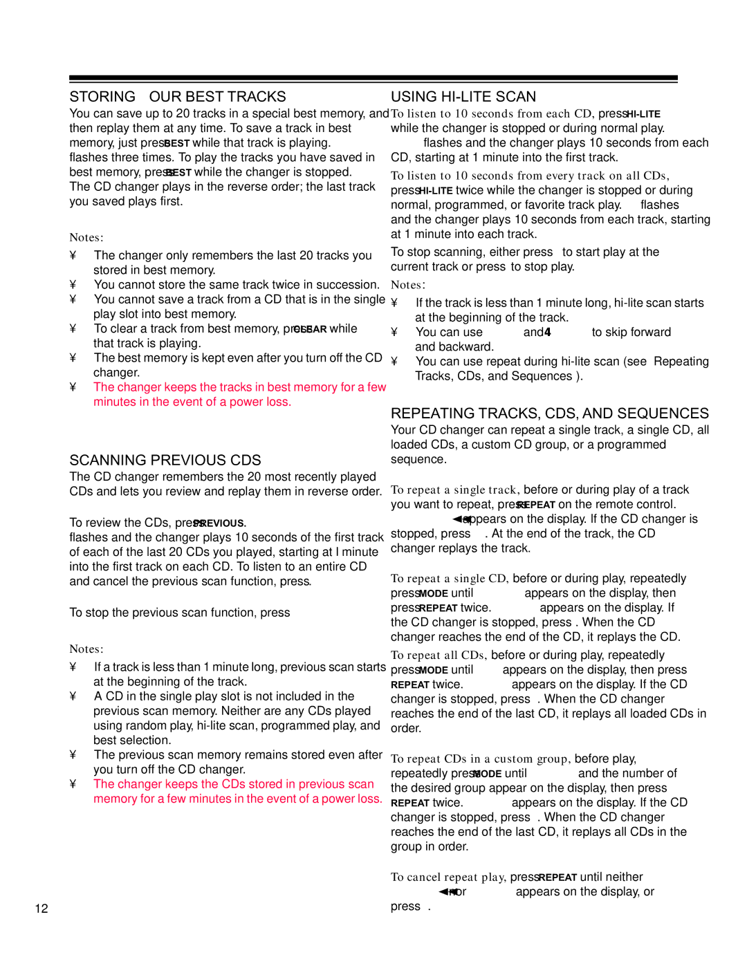 HP CD-9400 manual Storing Your Best Tracks, Scanning Previous CDS, Using HI-LITE Scan, Repeating TRACKS, CDS, and Sequences 