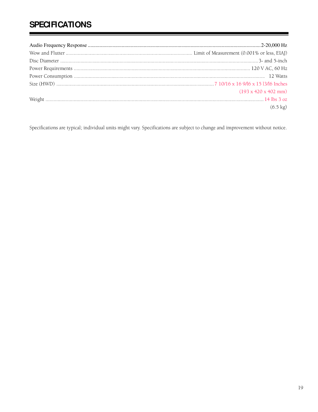 HP CD-9400 manual Specifications, Lbs 3 oz 