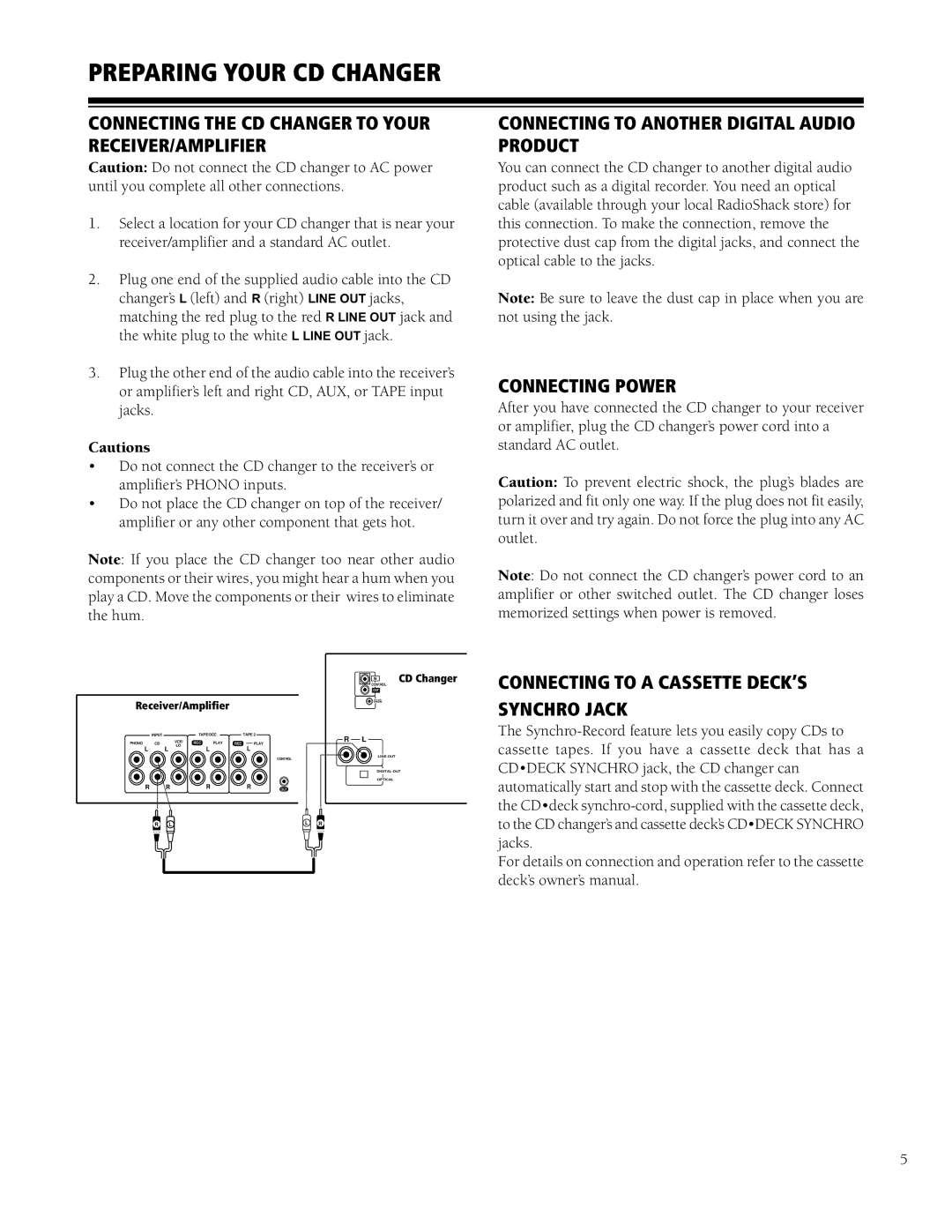 HP CD-9400 manual Preparing Your CD Changer, Connecting the CD Changer to Your RECEIVER/AMPLIFIER, Connecting Power 