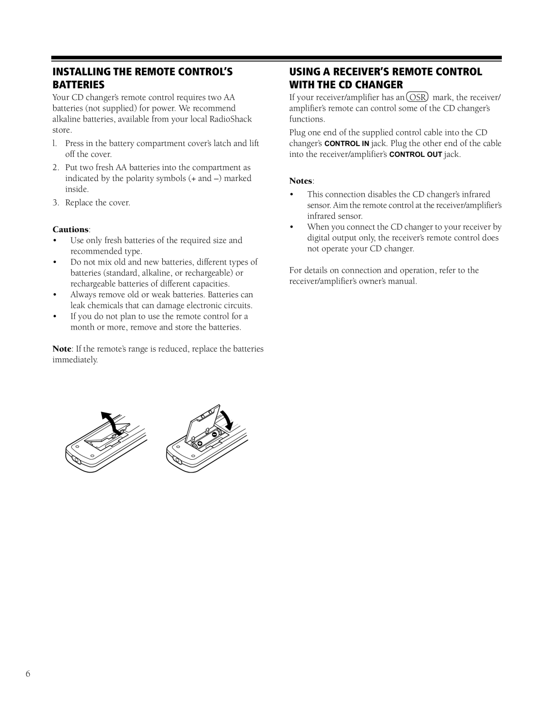 HP CD-9400 manual Installing the Remote CONTROL’S Batteries, Using a RECEIVER’S Remote Control with the CD Changer 