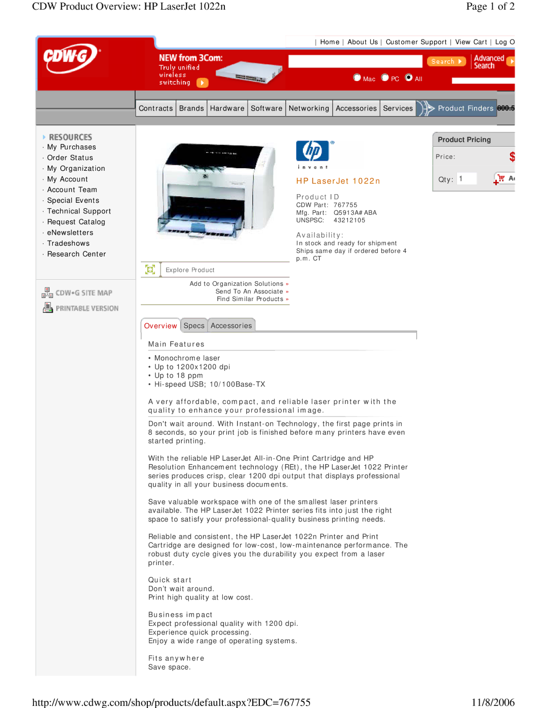 HP CDW-G767755 manual CDW Product Overview HP LaserJet 1022n, 11/8/2006, Product ID, Availability 