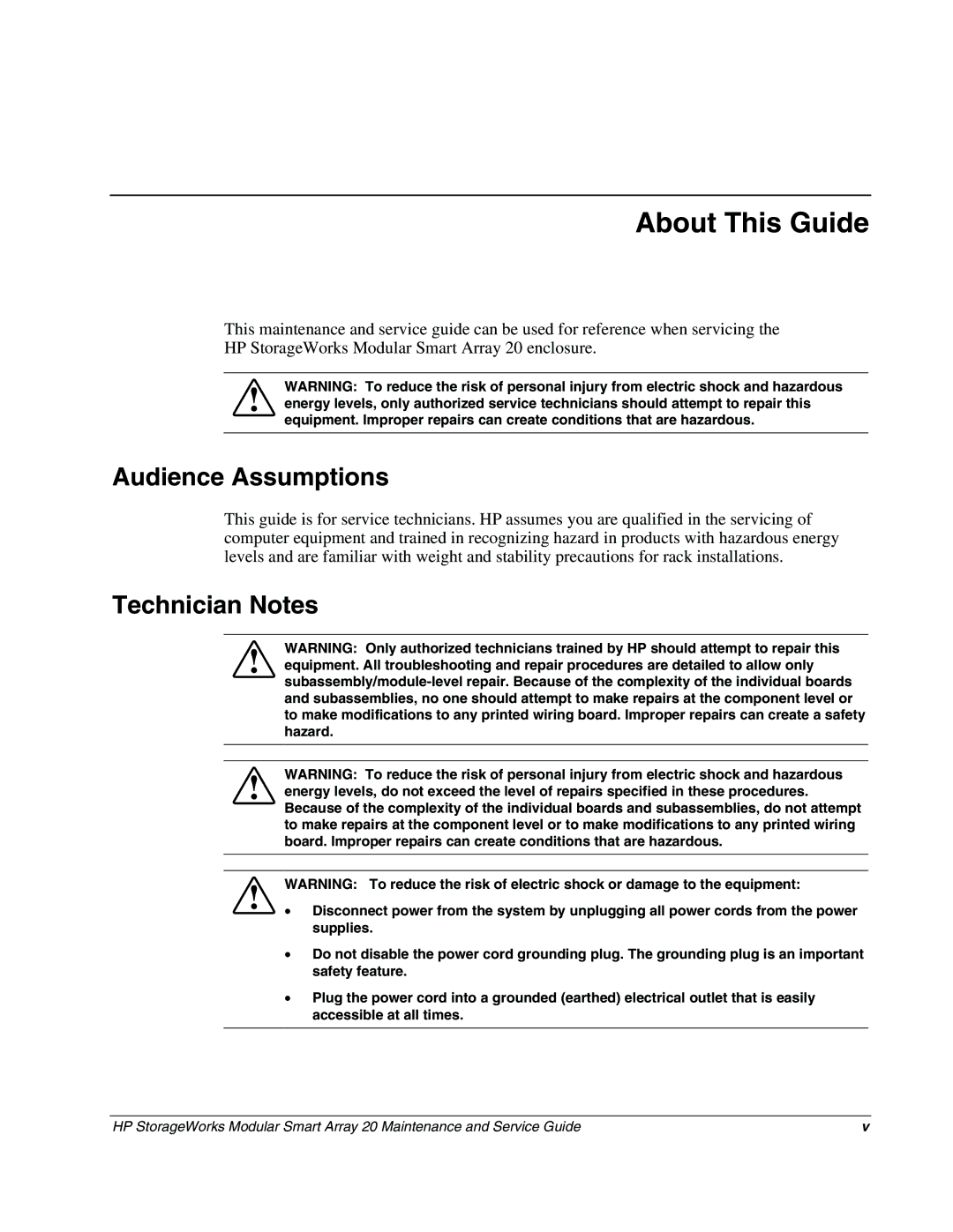 HP Cell Phone storage works modular smart array 20 manual About This Guide, Audience Assumptions, Technician Notes 