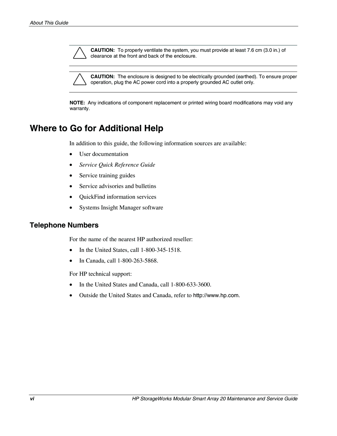 HP Cell Phone storage works modular smart array 20 manual Where to Go for Additional Help, Telephone Numbers 
