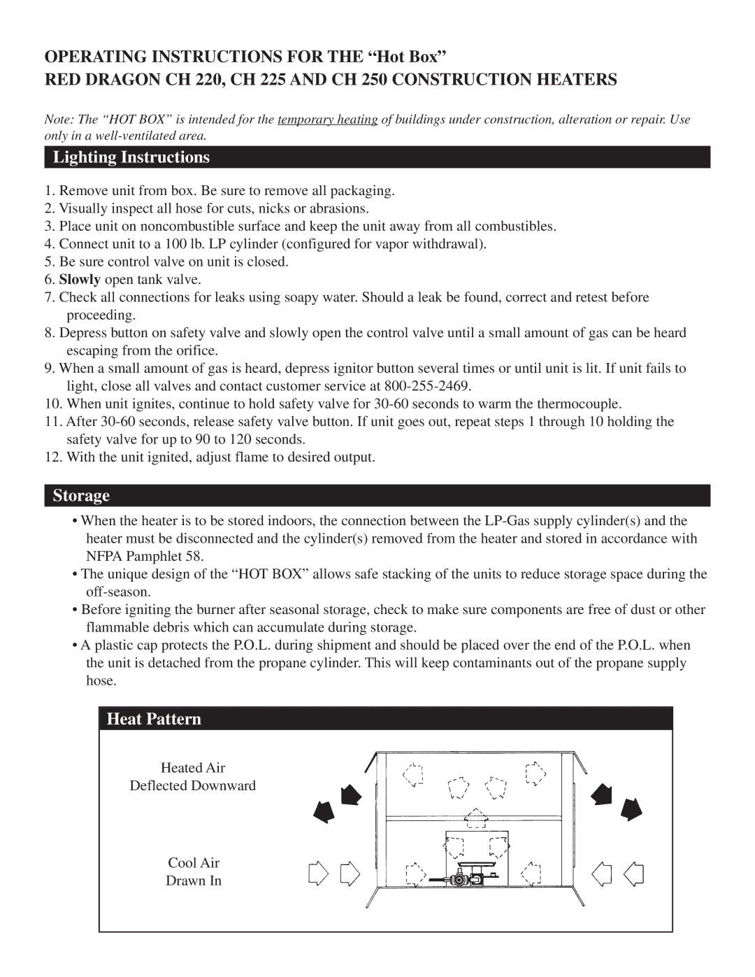 HP CH 220, CH 225 manual Lighting Instructions, Storage, Heat Pattern 