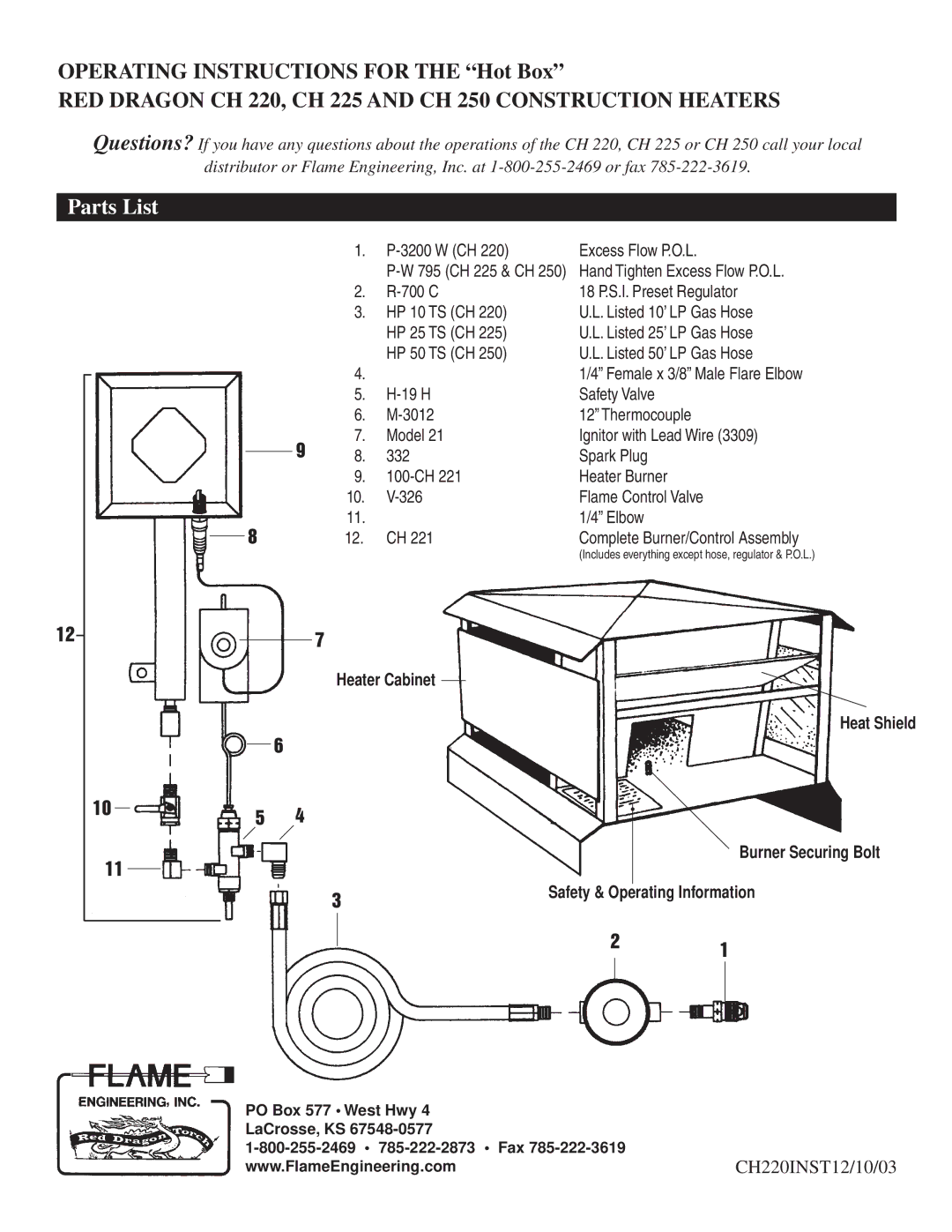 HP CH 225, CH 220 manual Parts List 