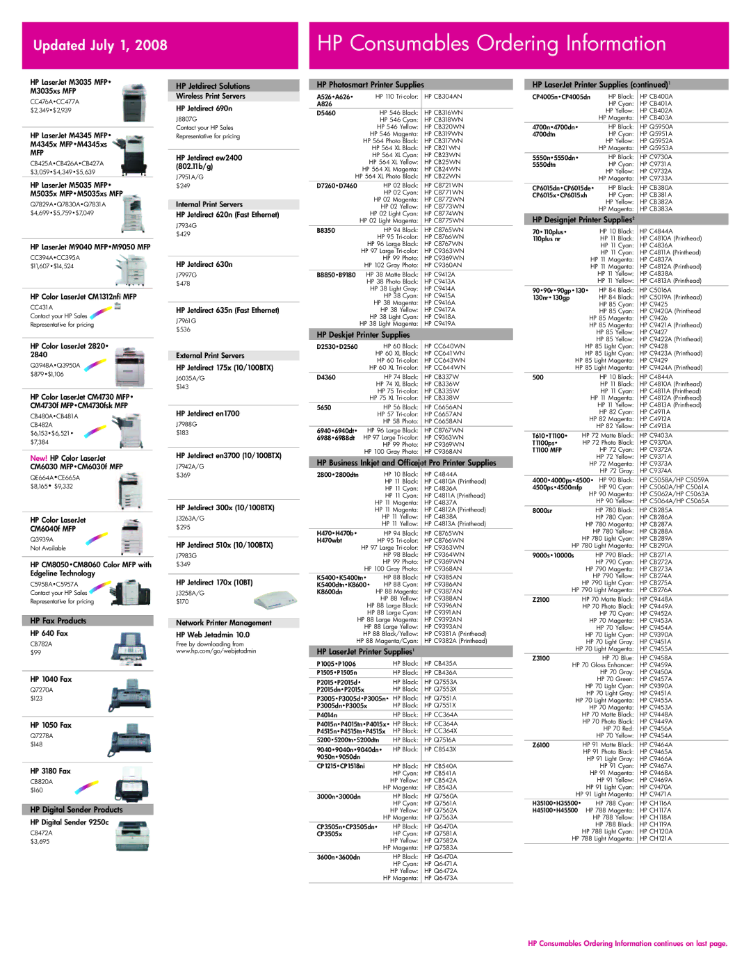 HP G4010, CH107A, CB411A HP Fax Products, HP Digital Sender Products, HP Jetdirect Solutions, HP Deskjet Printer Supplies 