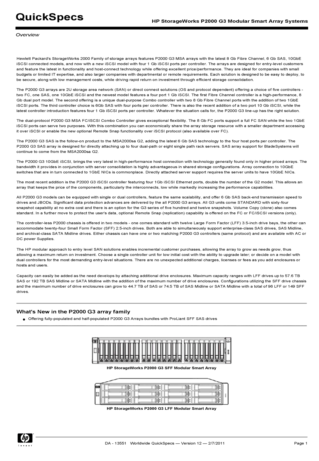 HP Channel Controller AP836B manual QuickSpecs, Whats New in the P2000 G3 array family 