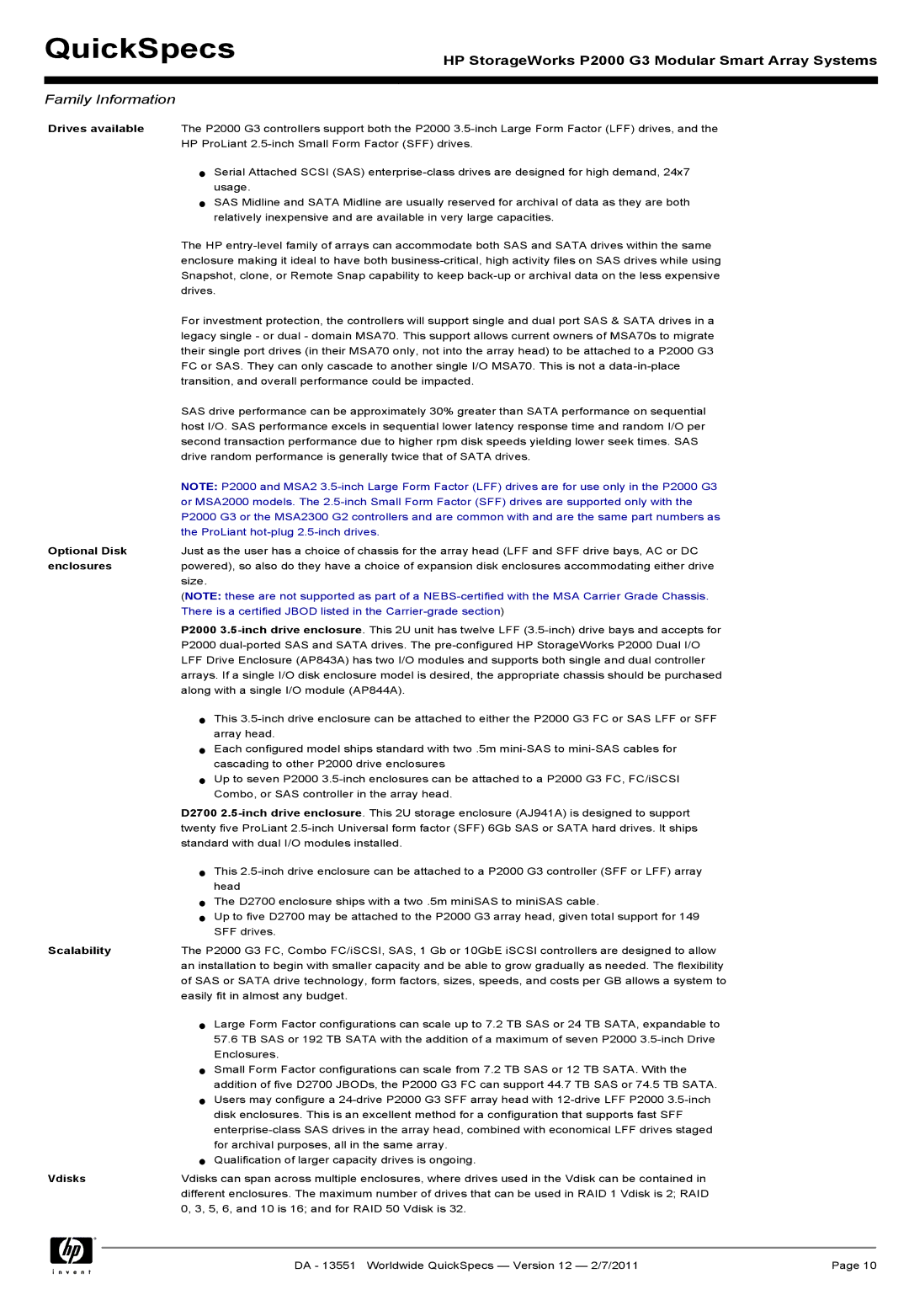 HP Channel Controller AP836B manual Drives available, Optional Disk, Enclosures, Scalability, Vdisks 