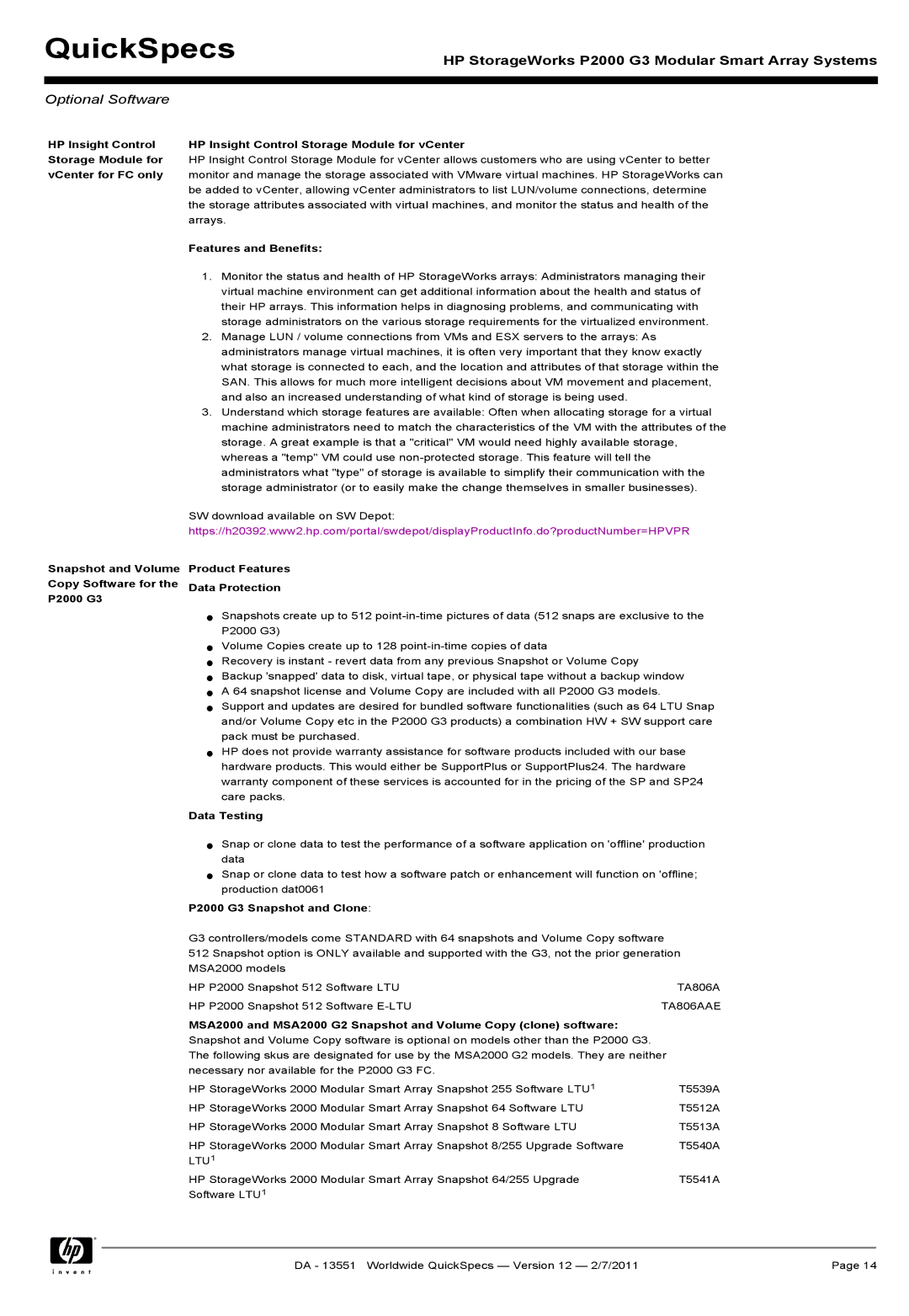 HP Channel Controller AP836B manual HP Insight Control Storage Module for vCenter for FC only, Features and Benefits 