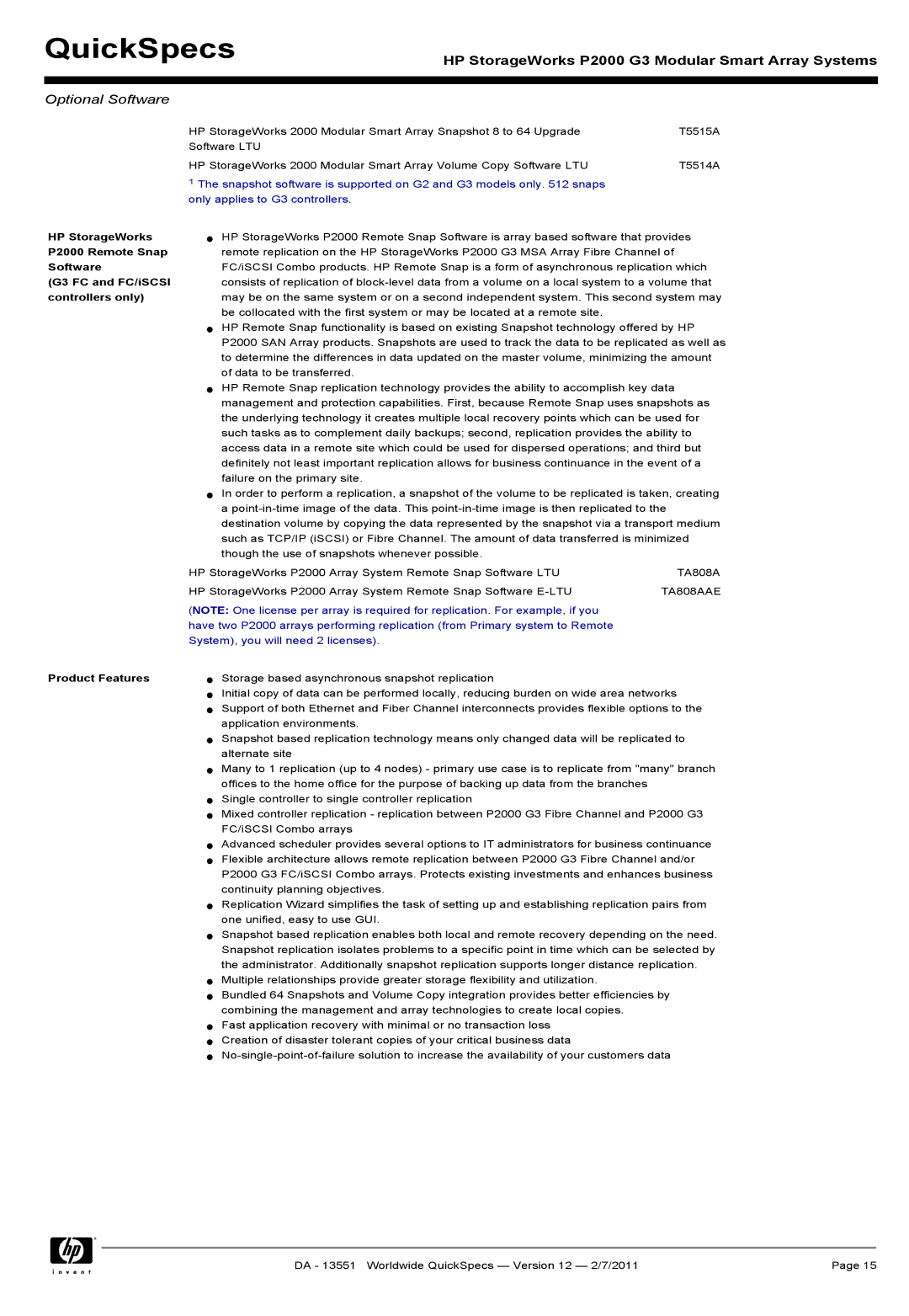 HP Channel Controller AP836B manual HP StorageWorks, P2000 Remote Snap, Software, G3 FC and FC/iSCSI, Controllers only 