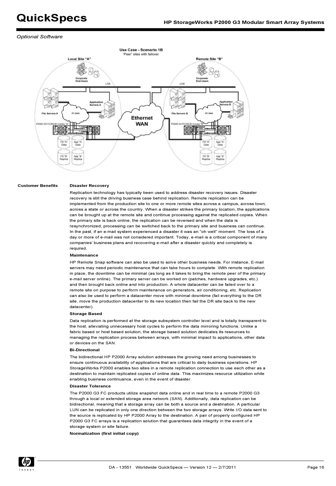 HP Channel Controller AP836B manual Customer Benefits Disaster Recovery, Maintenance, Storage Based, Bi-Directional 