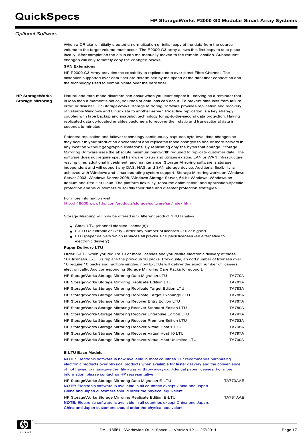 HP Channel Controller AP836B manual SAN Extensions, Paper Delivery LTU, LTU Base Models, TA779AAE, TA781AAE 