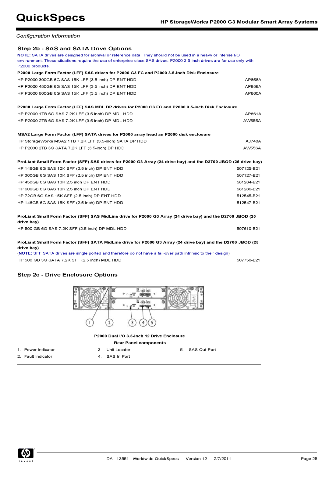 HP Channel Controller AP836B manual SAS and Sata Drive Options, Drive Enclosure Options 