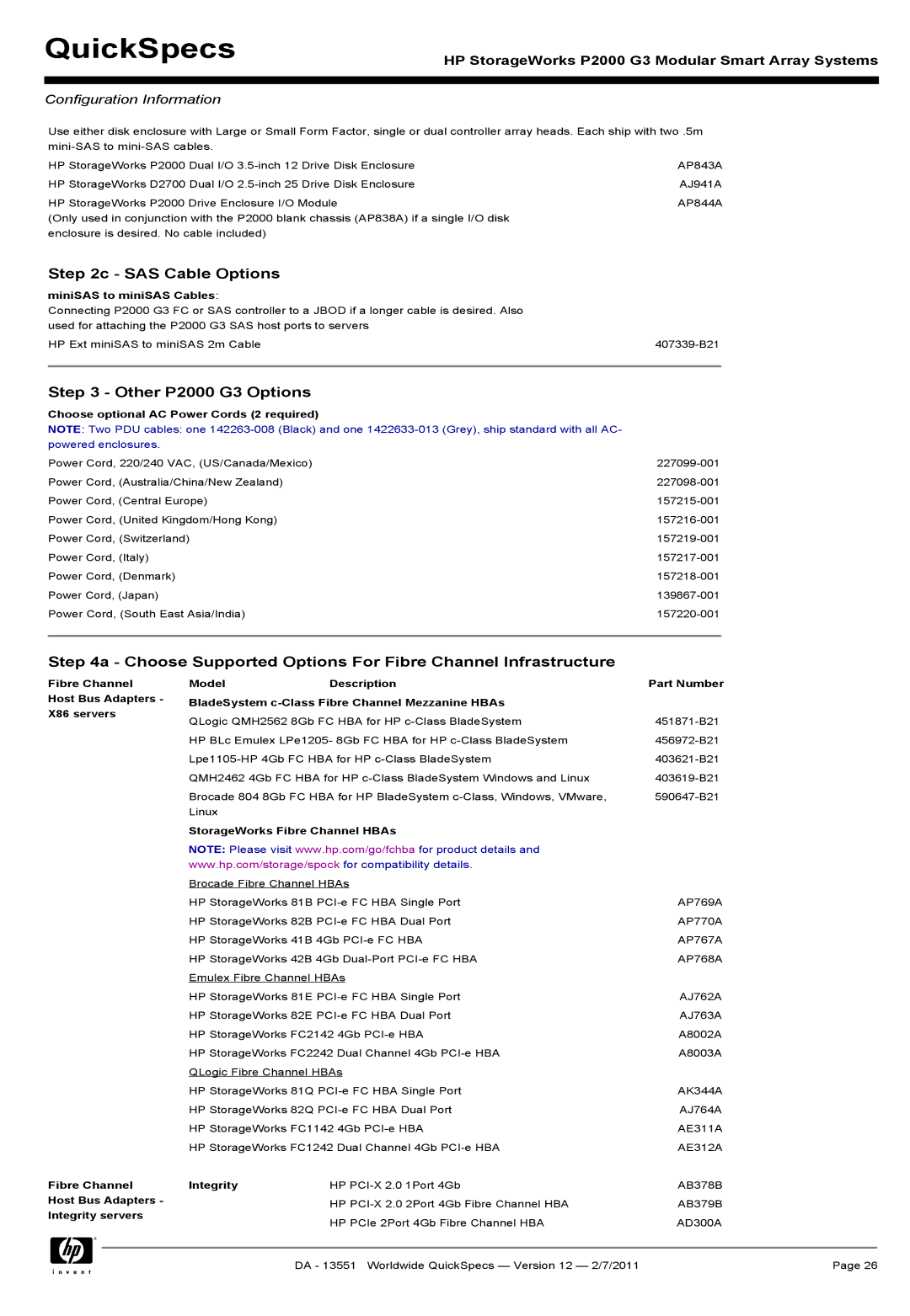 HP Channel Controller AP836B manual SAS Cable Options, Other P2000 G3 Options 