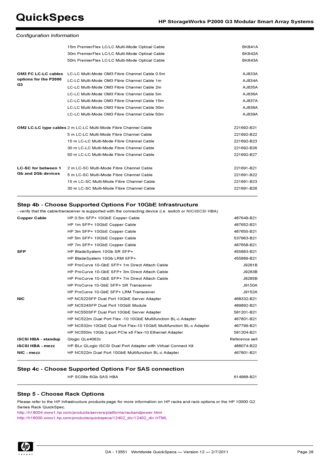 HP Channel Controller AP836B manual Choose Supported Options For 10GbE Infrastructure, Choose Rack Options 