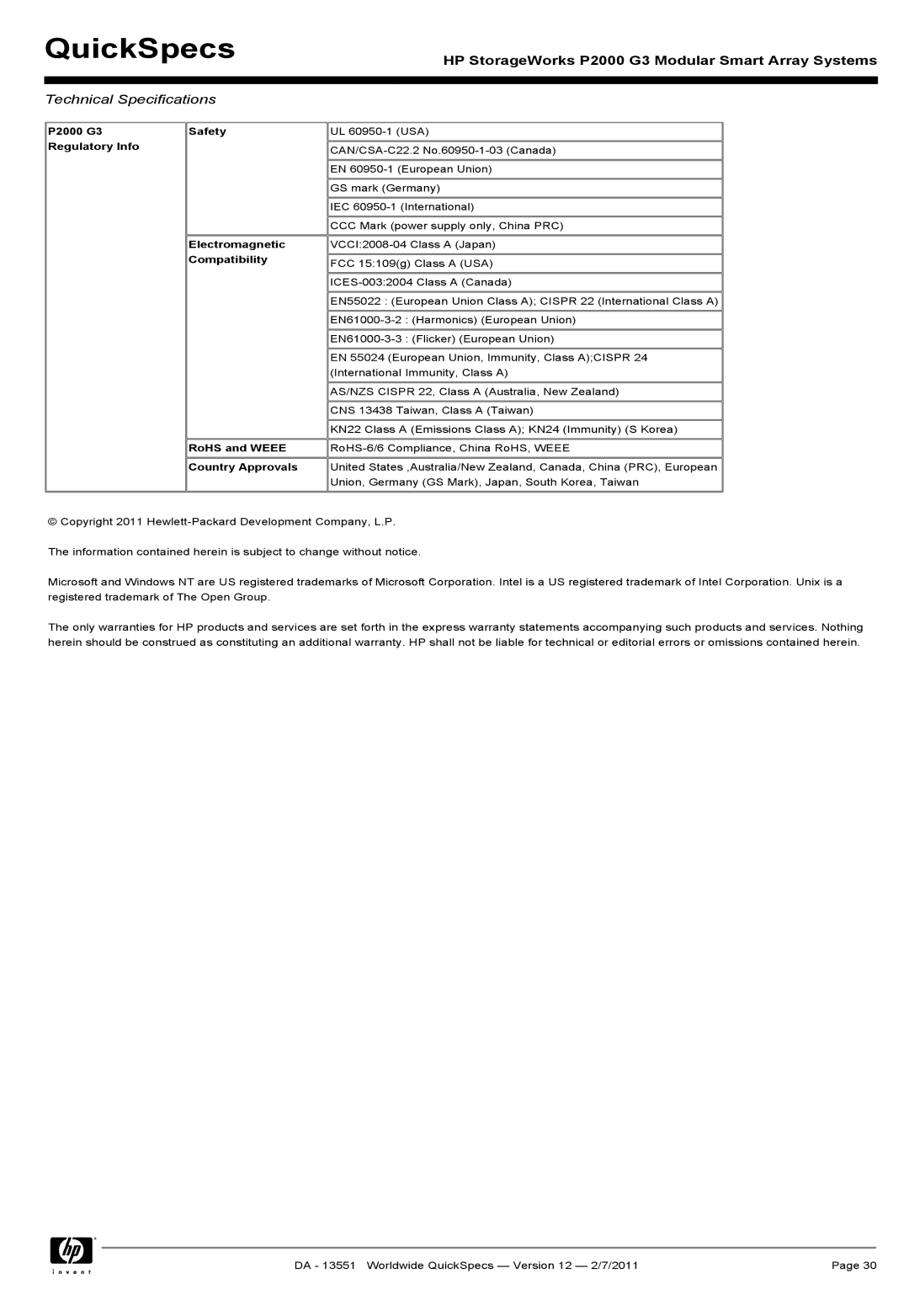 HP Channel Controller AP836B manual P2000 G3 Safety, Regulatory Info, Electromagnetic, Compatibility, RoHS and Weee 