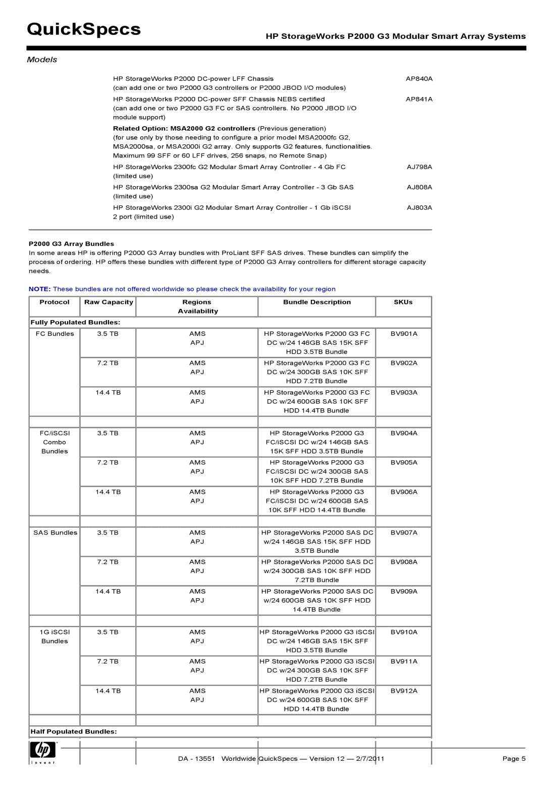 HP Channel Controller AP836B Related Option MSA2000 G2 controllers Previous generation, P2000 G3 Array Bundles, Ams, Apj 