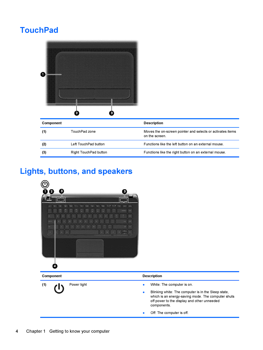 HP Chromebook D1A51UTABA, Chromebook D1A54UAABA, Chromebook D1A48UA#ABA manual TouchPad, Lights, buttons, and speakers 