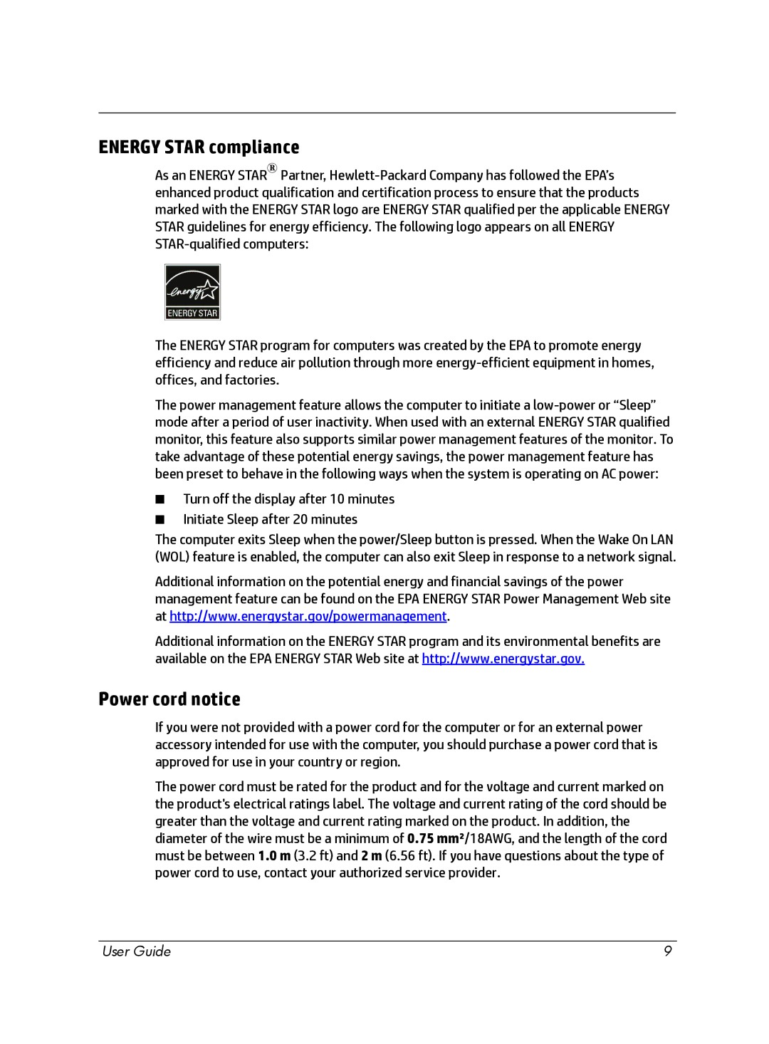 HP Chromebox manual Energy Star compliance, Power cord notice 