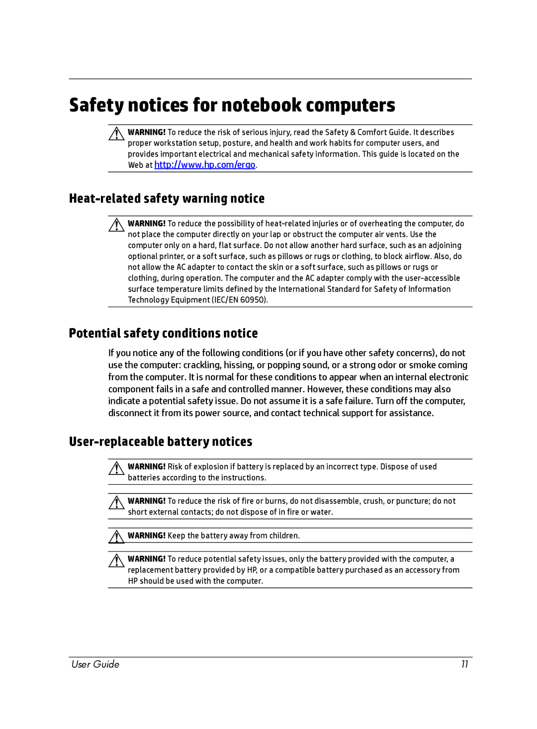 HP Chromebox manual Safety notices for notebook computers 