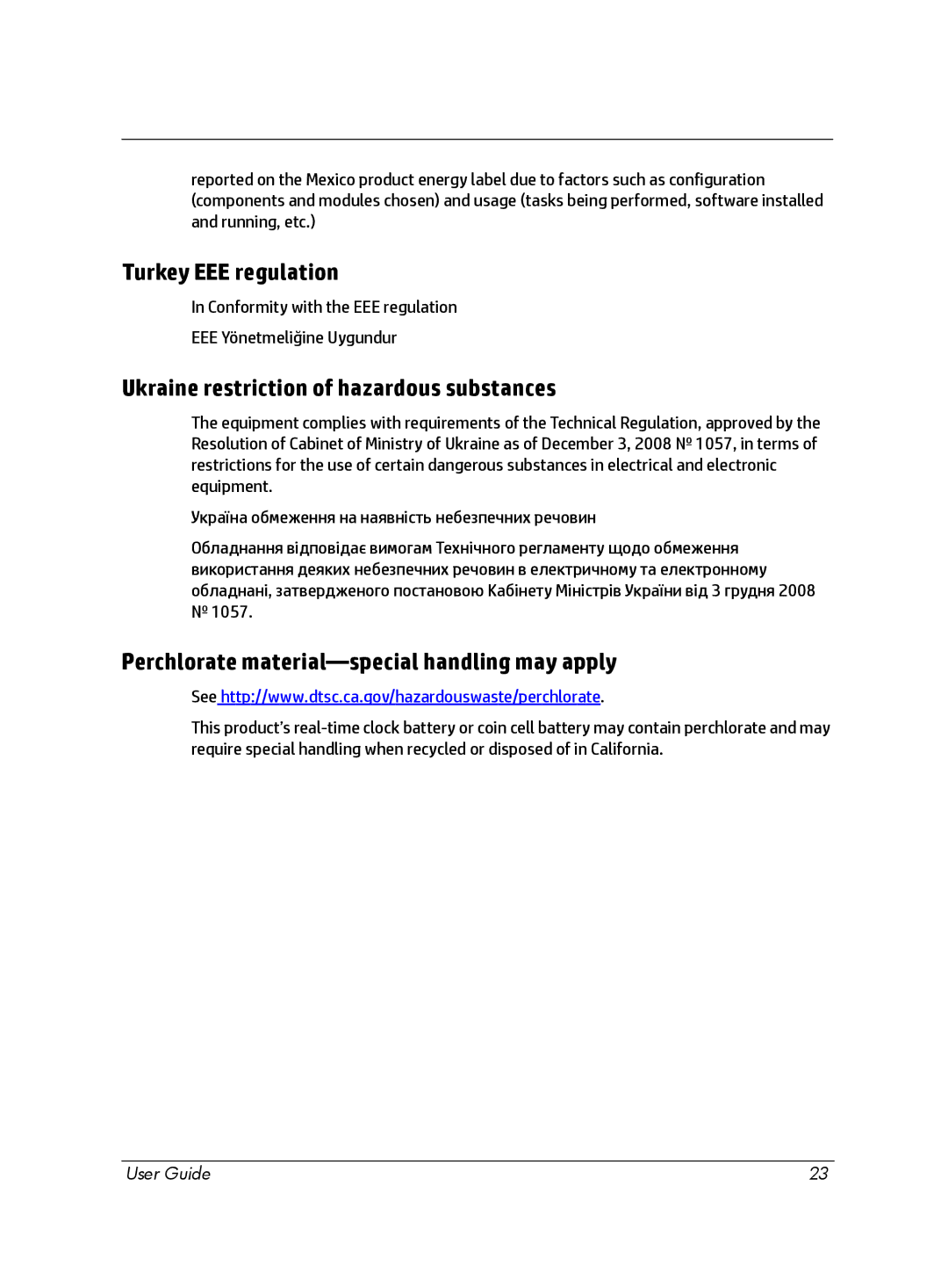 HP Chromebox manual Turkey EEE regulation, Ukraine restriction of hazardous substances 