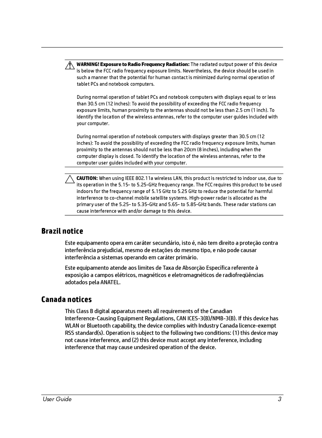 HP Chromebox manual Brazil notice, Canada notices 