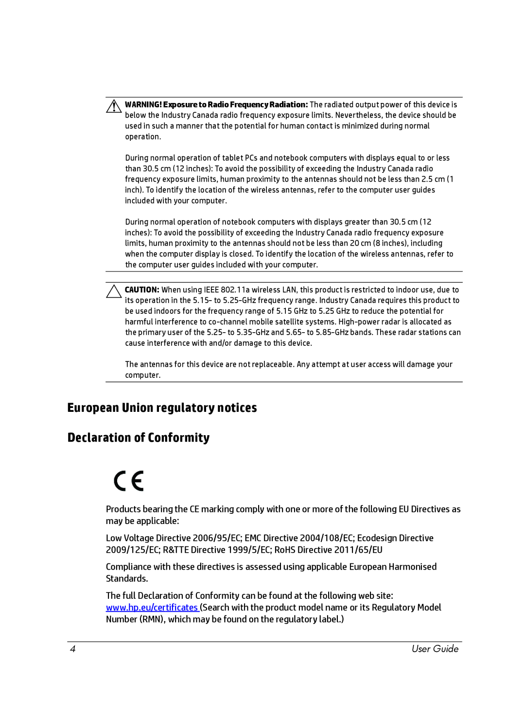 HP Chromebox manual European Union regulatory notices Declaration of Conformity 