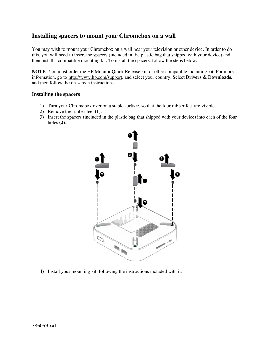 HP manual Installing spacers to mount your Chromebox on a wall, Installing the spacers 