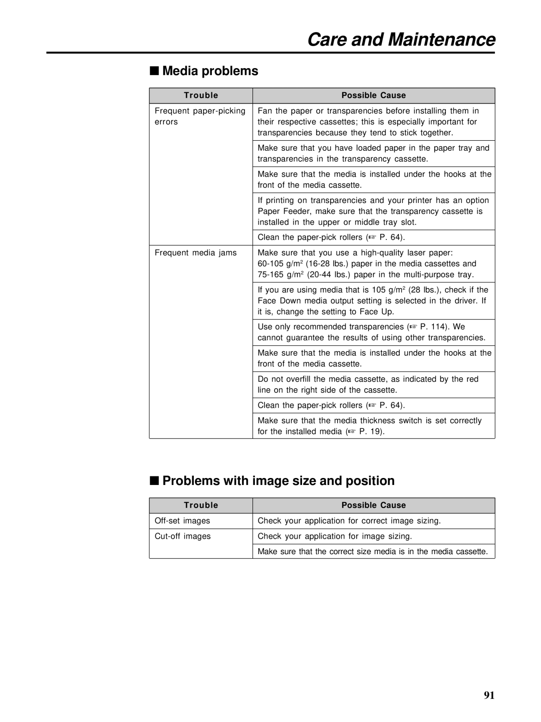 HP Ci 1100 manual Media problems, Problems with image size and position 