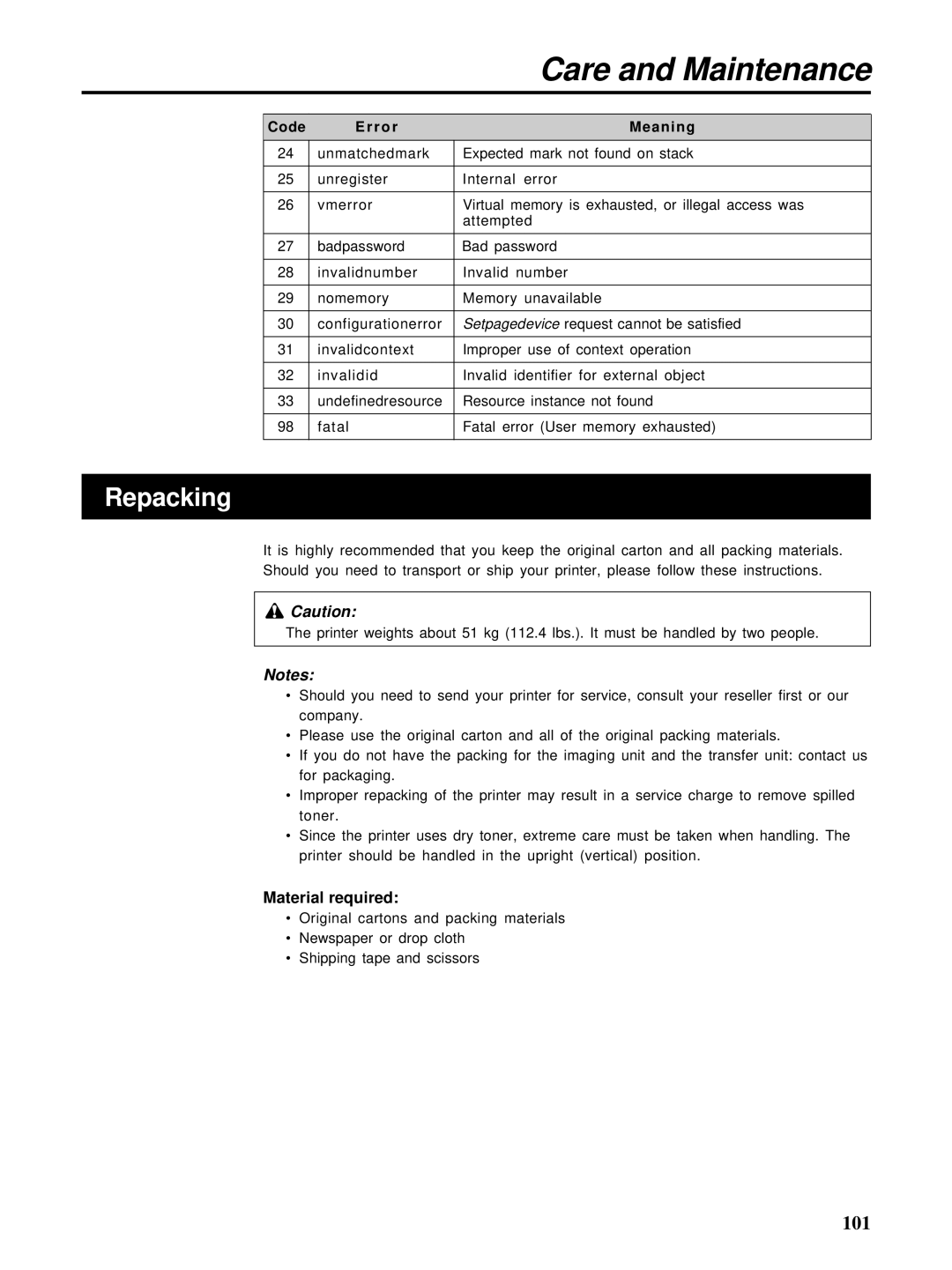 HP Ci 1100 manual Repacking, Material required 