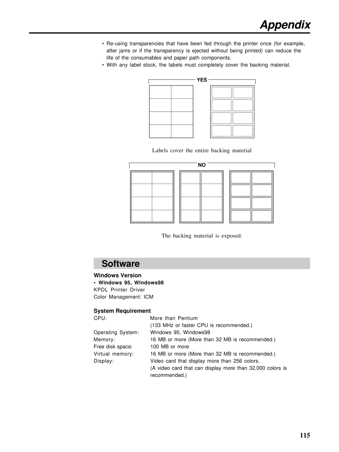 HP Ci 1100 manual Software, Windows Version, System Requirement, Windows 95, Windows98 Kpdl Printer Driver 