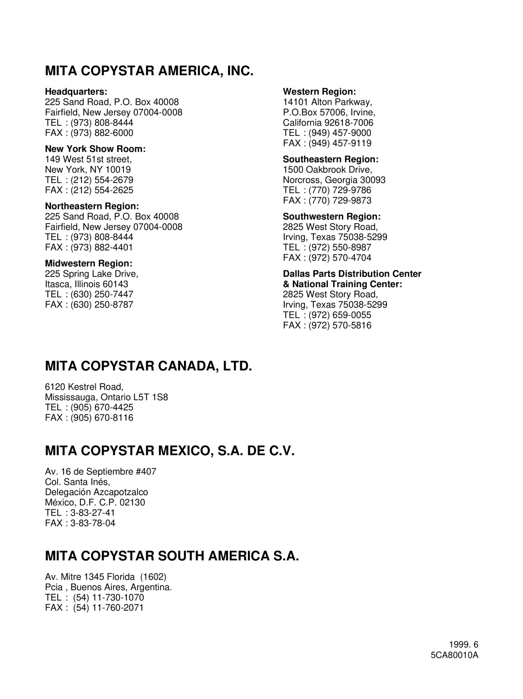 HP Ci 1100 manual Mita Copystar AMERICA, INC, Dallas Parts Distribution Center 