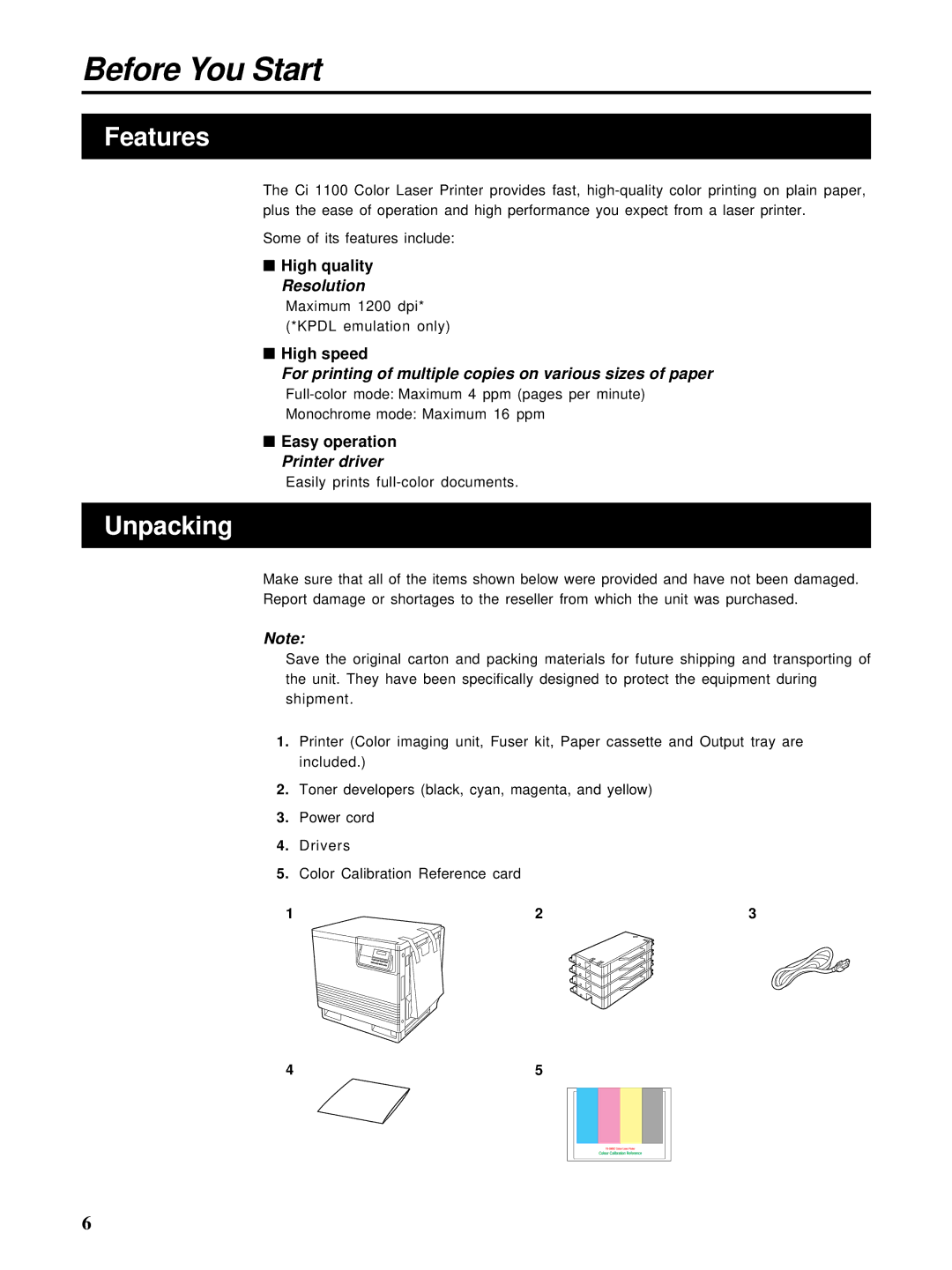 HP Ci 1100 manual Features, Unpacking, High quality Resolution, High speed, Easy operation Printer driver 