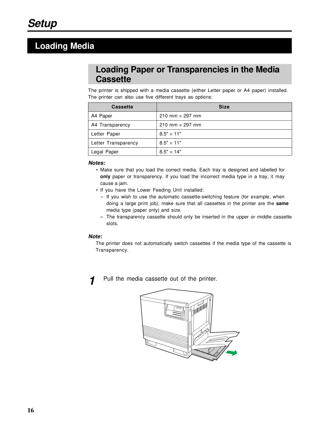 HP Ci 1100 manual Loading Media, Loading Paper or Transparencies in the Media Cassette, Cassette Size 