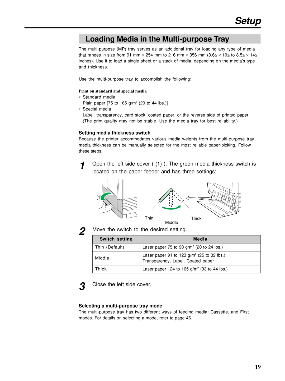 HP Ci 1100 Loading Media in the Multi-purpose Tray, Setting media thickness switch, Selecting a multi-purpose tray mode 