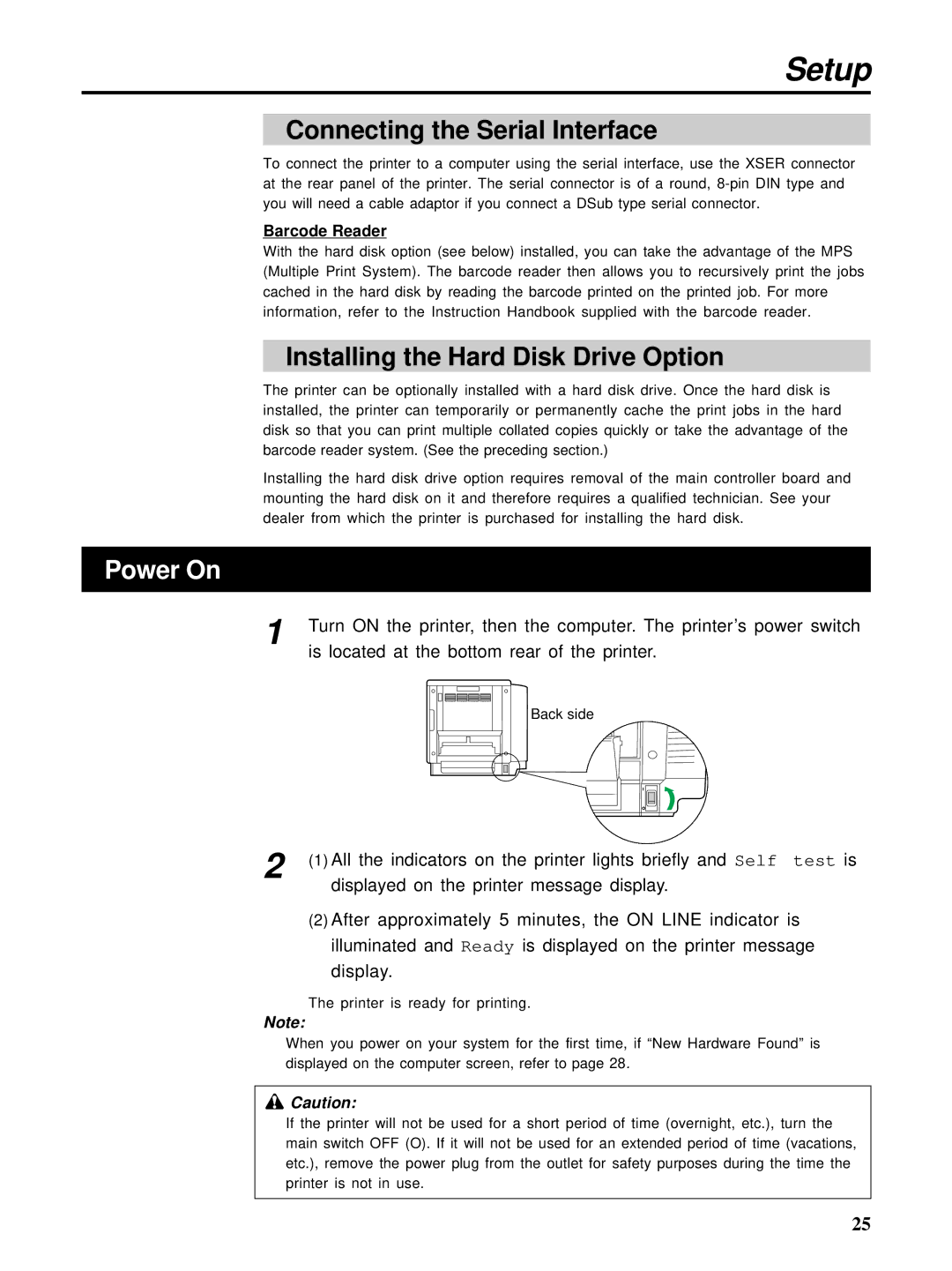 HP Ci 1100 manual Connecting the Serial Interface, Installing the Hard Disk Drive Option, Power On, Barcode Reader 