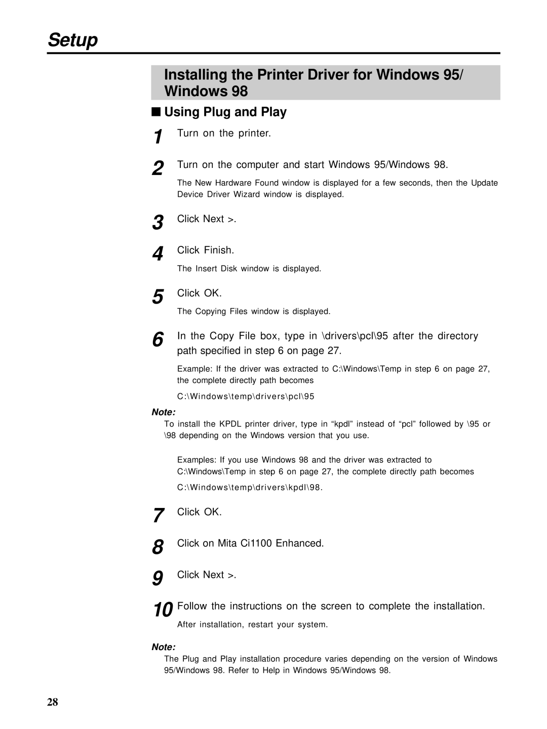 HP Ci 1100 manual Installing the Printer Driver for Windows, Using Plug and Play 