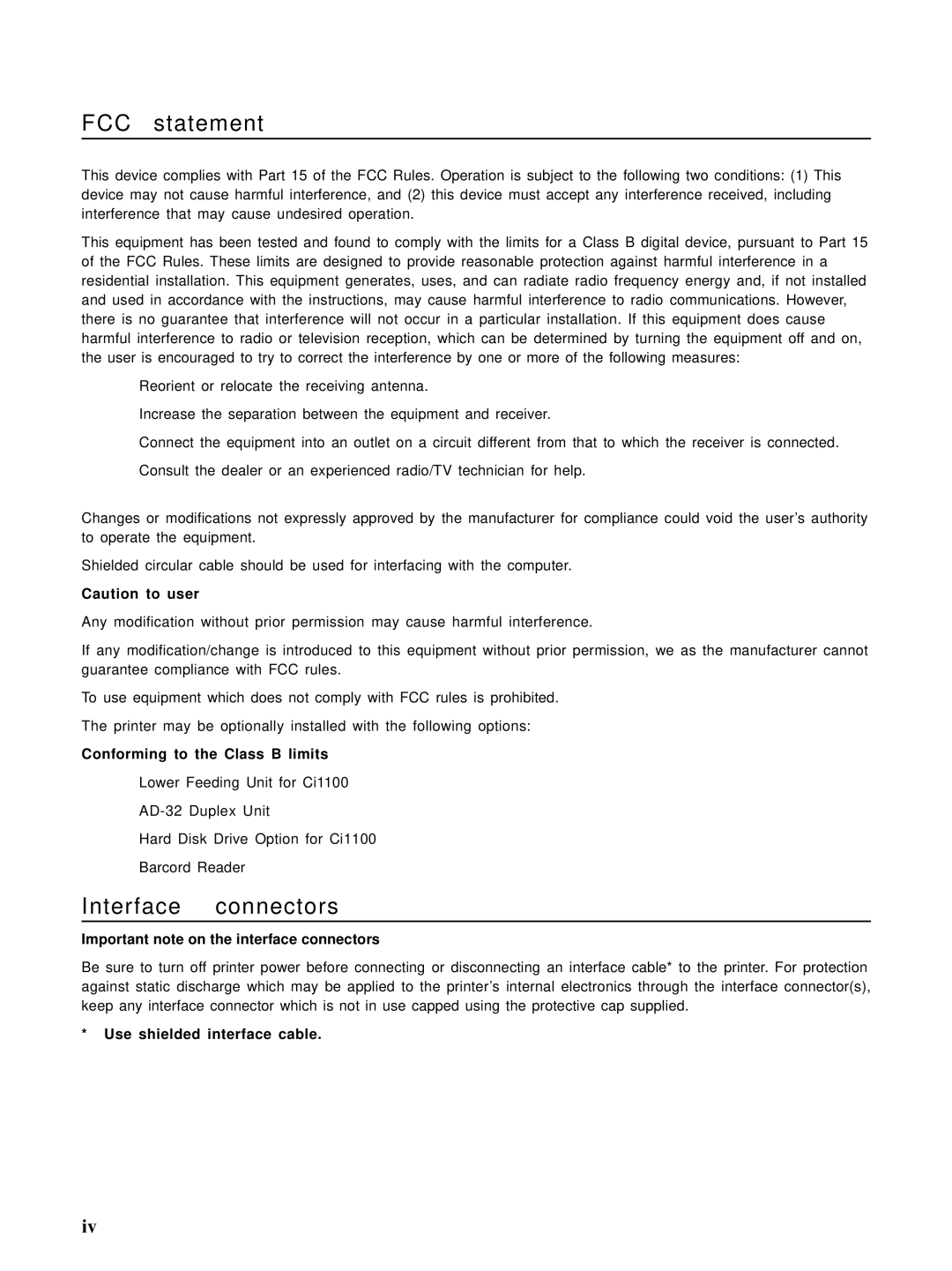 HP Ci 1100 Conforming to the Class B limits, Important note on the interface connectors, Use shielded interface cable 