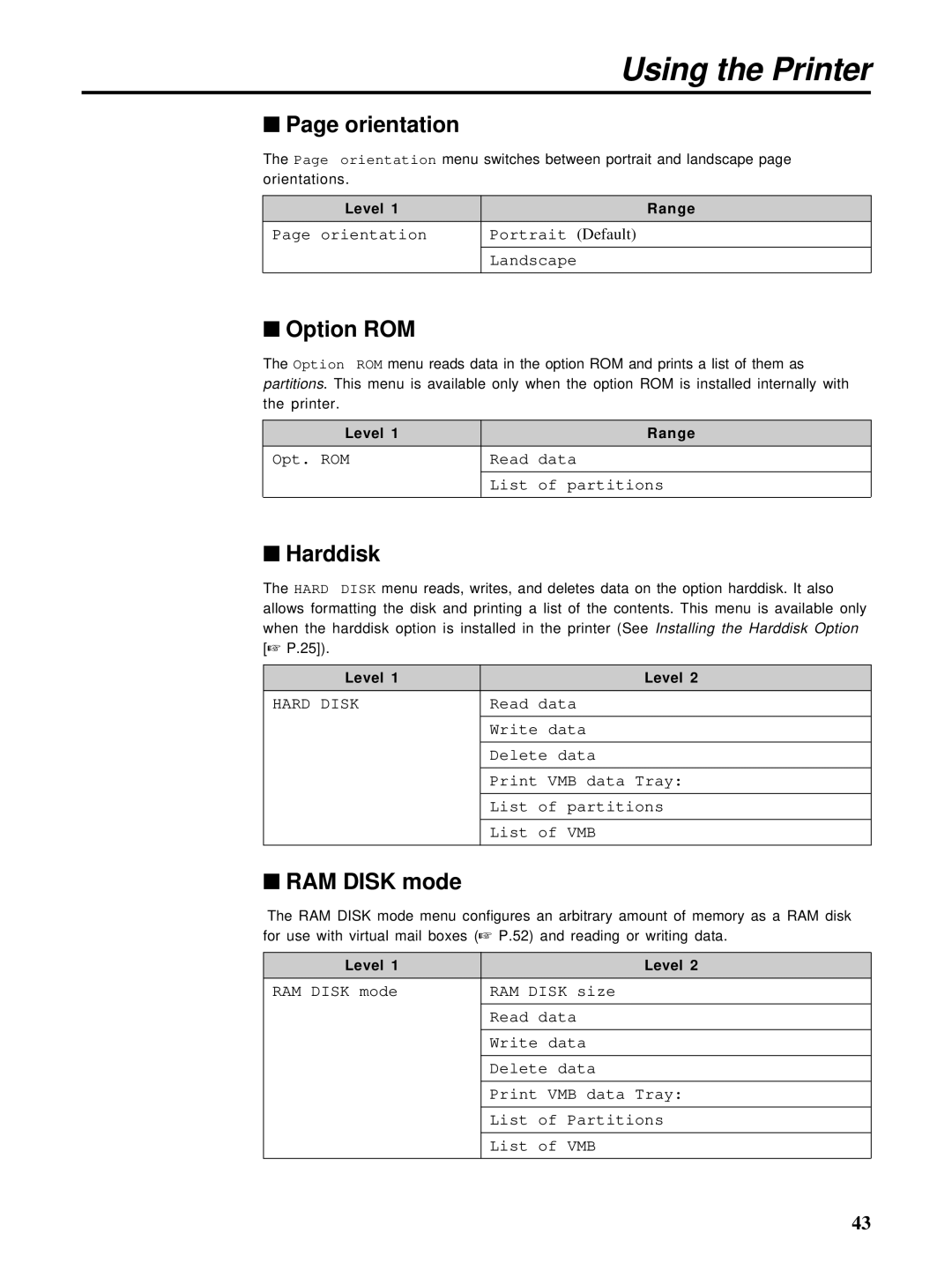 HP Ci 1100 manual Orientation, Option ROM, Harddisk, RAM Disk mode, Level 