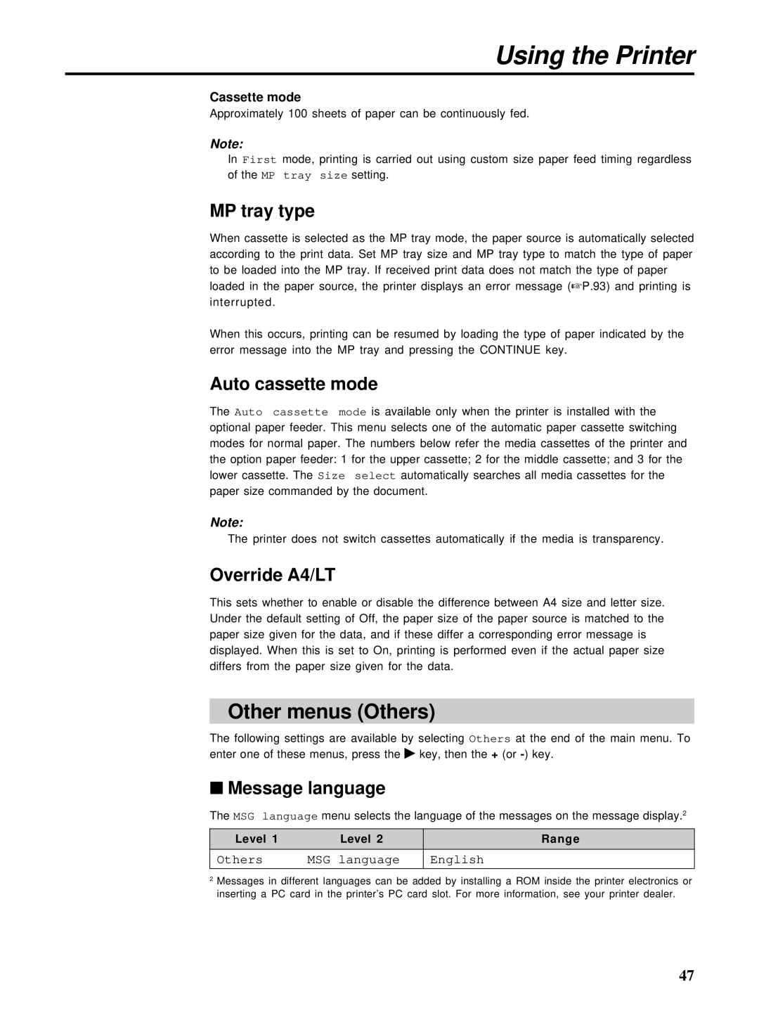 HP Ci 1100 manual Other menus Others, MP tray type, Auto cassette mode, Override A4/LT, Message language 