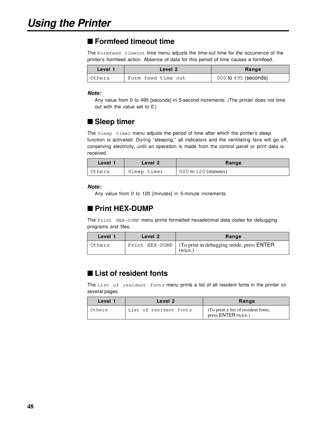 HP Ci 1100 manual Formfeed timeout time, Sleep timer, Print HEX-DUMP, List of resident fonts 