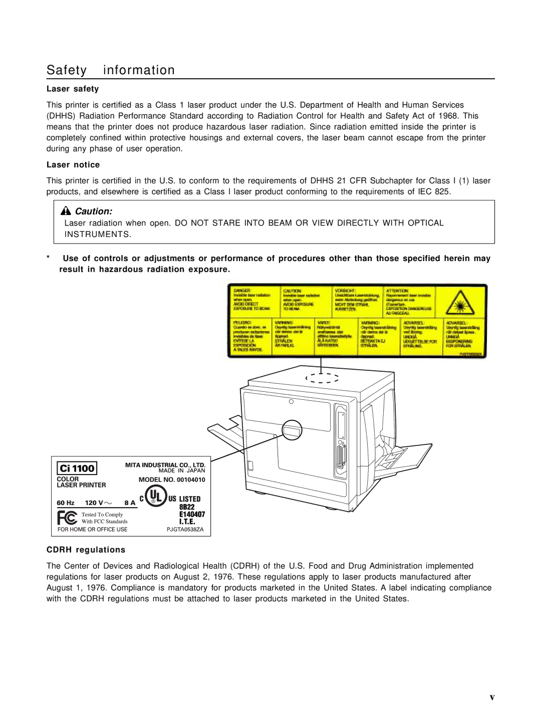 HP Ci 1100 manual Laser safety, Laser notice 