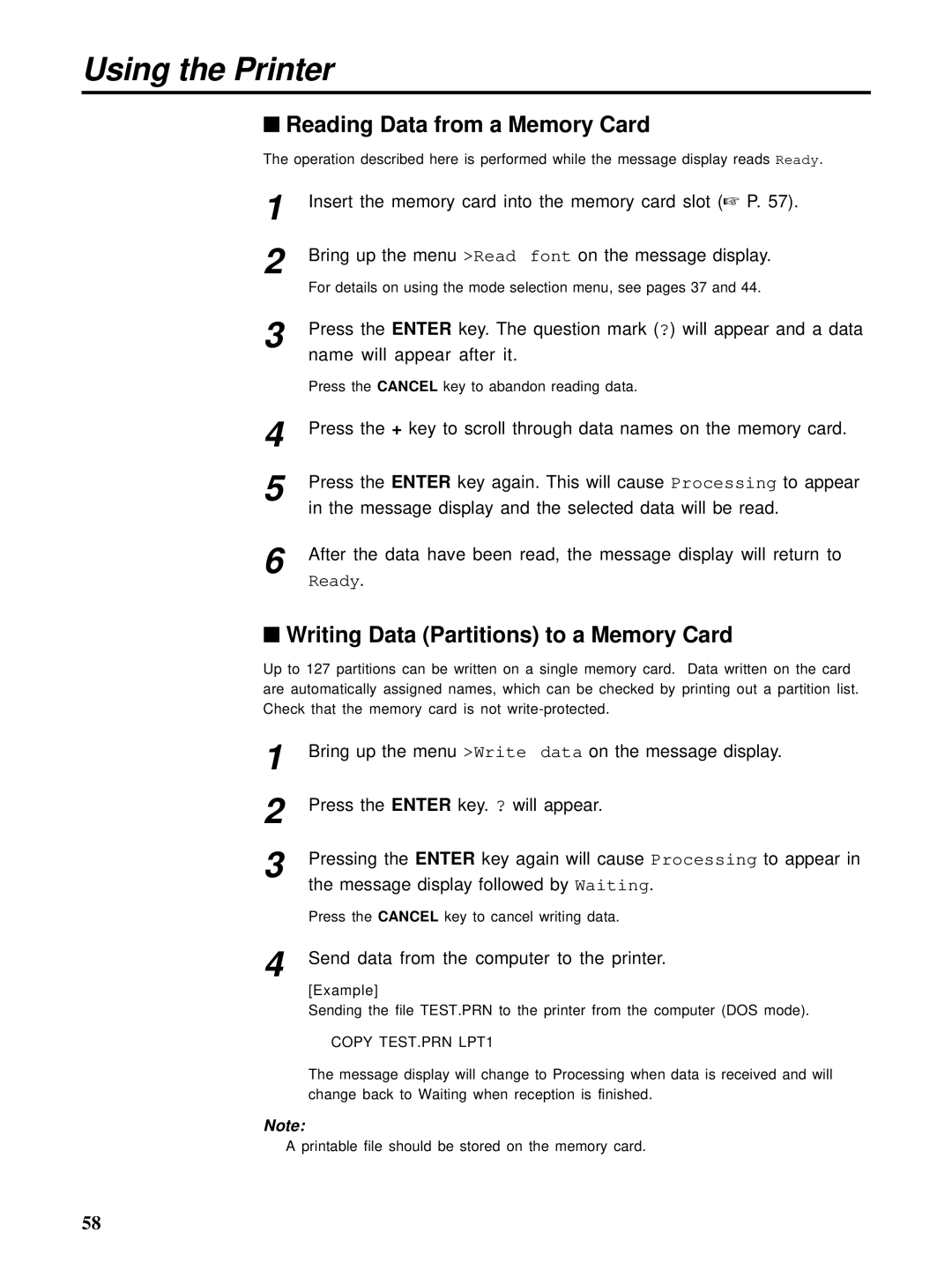 HP Ci 1100 manual Reading Data from a Memory Card, Writing Data Partitions to a Memory Card 