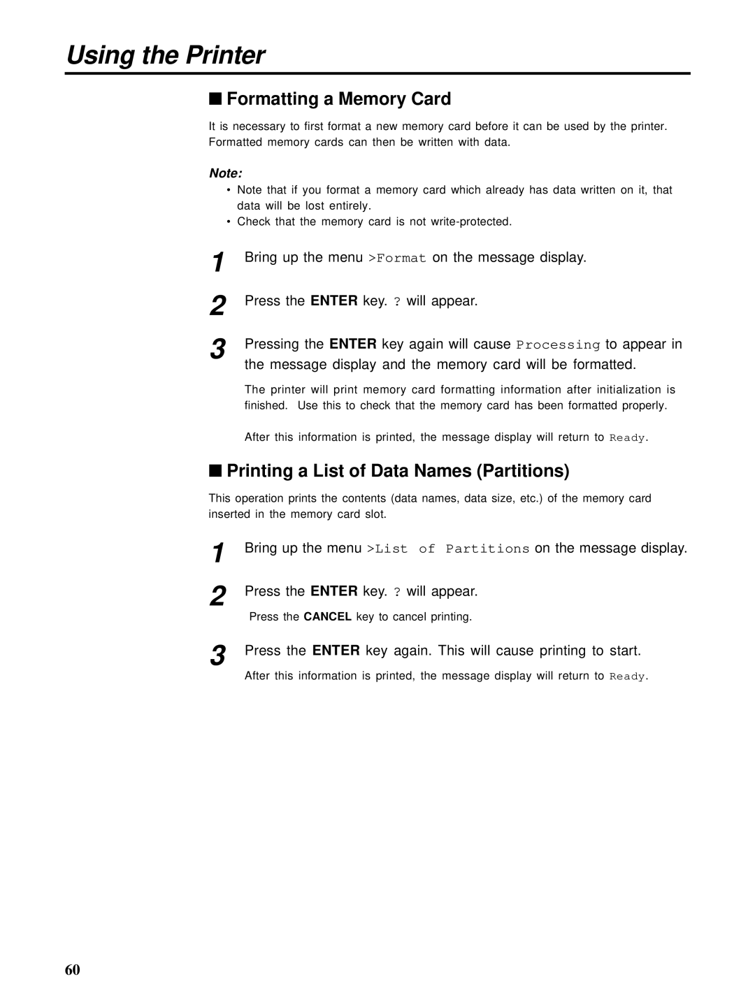 HP Ci 1100 manual Formatting a Memory Card, Printing a List of Data Names Partitions 