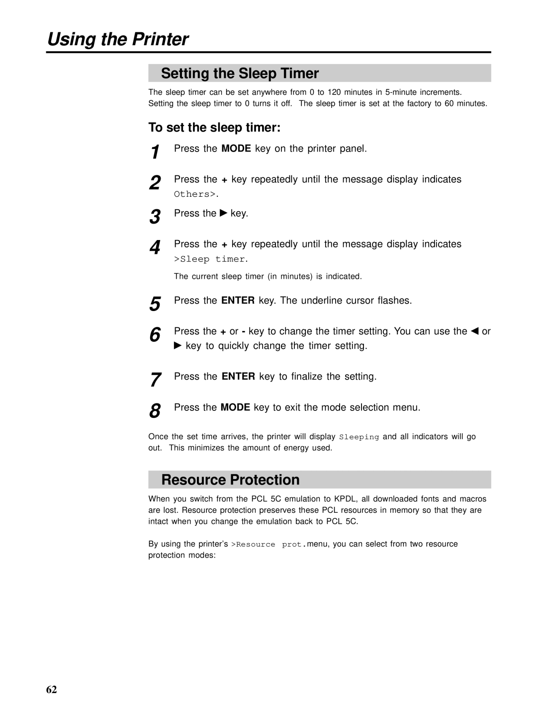 HP Ci 1100 manual Setting the Sleep Timer, Resource Protection, To set the sleep timer 