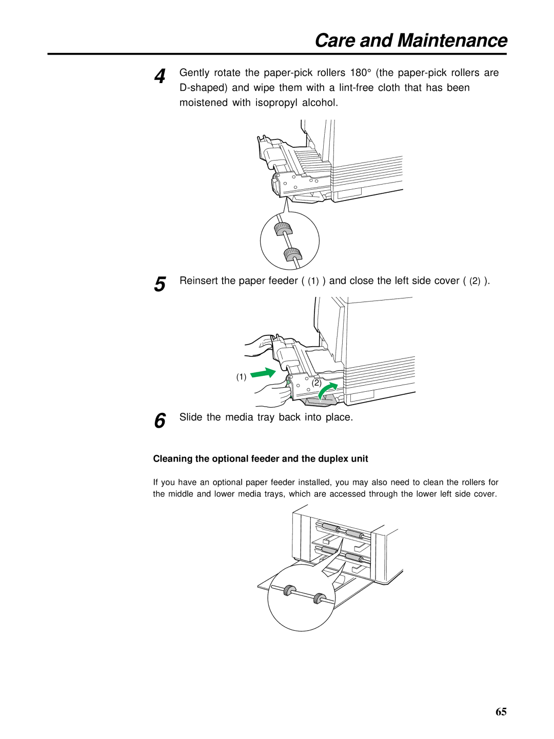 HP Ci 1100 manual Care and Maintenance, Cleaning the optional feeder and the duplex unit 