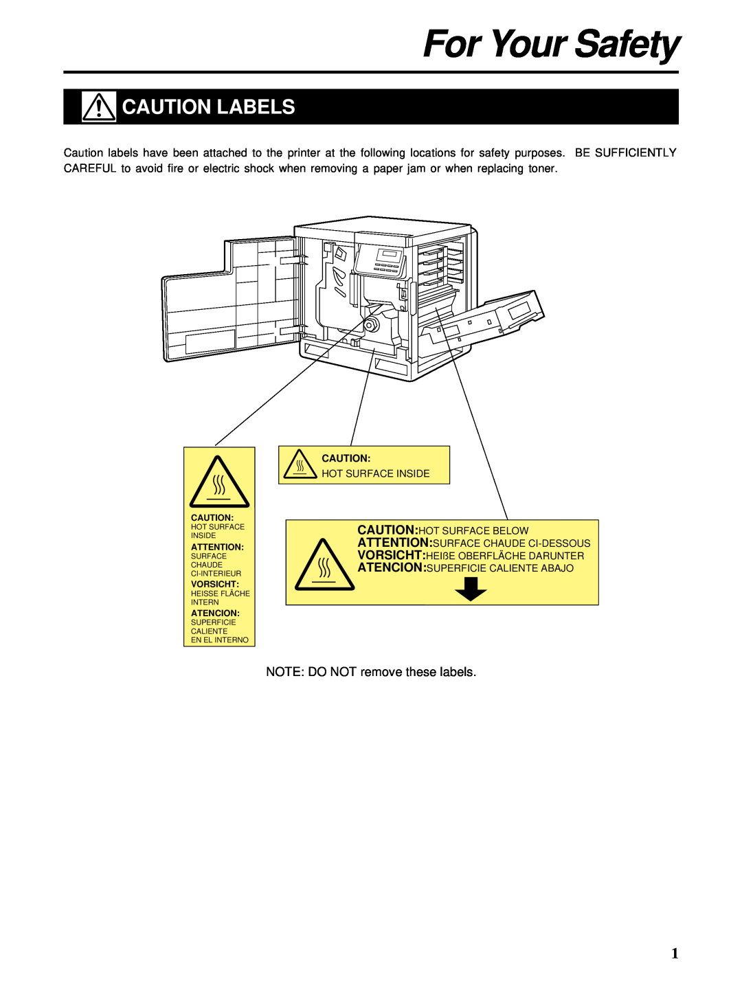 HP Ci 1100 manual For Your Safety, Caution Labels, NOTE DO NOT remove these labels 
